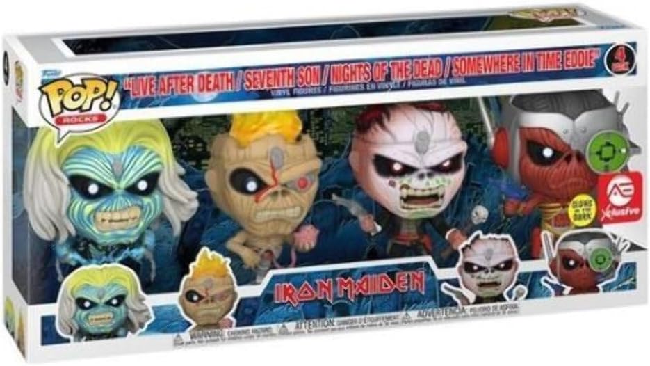 Iron Maiden - Eddie paquete de 4 Pop exclusivo que brilla en la oscuridad. Caja de figuras de vinilo de Funko