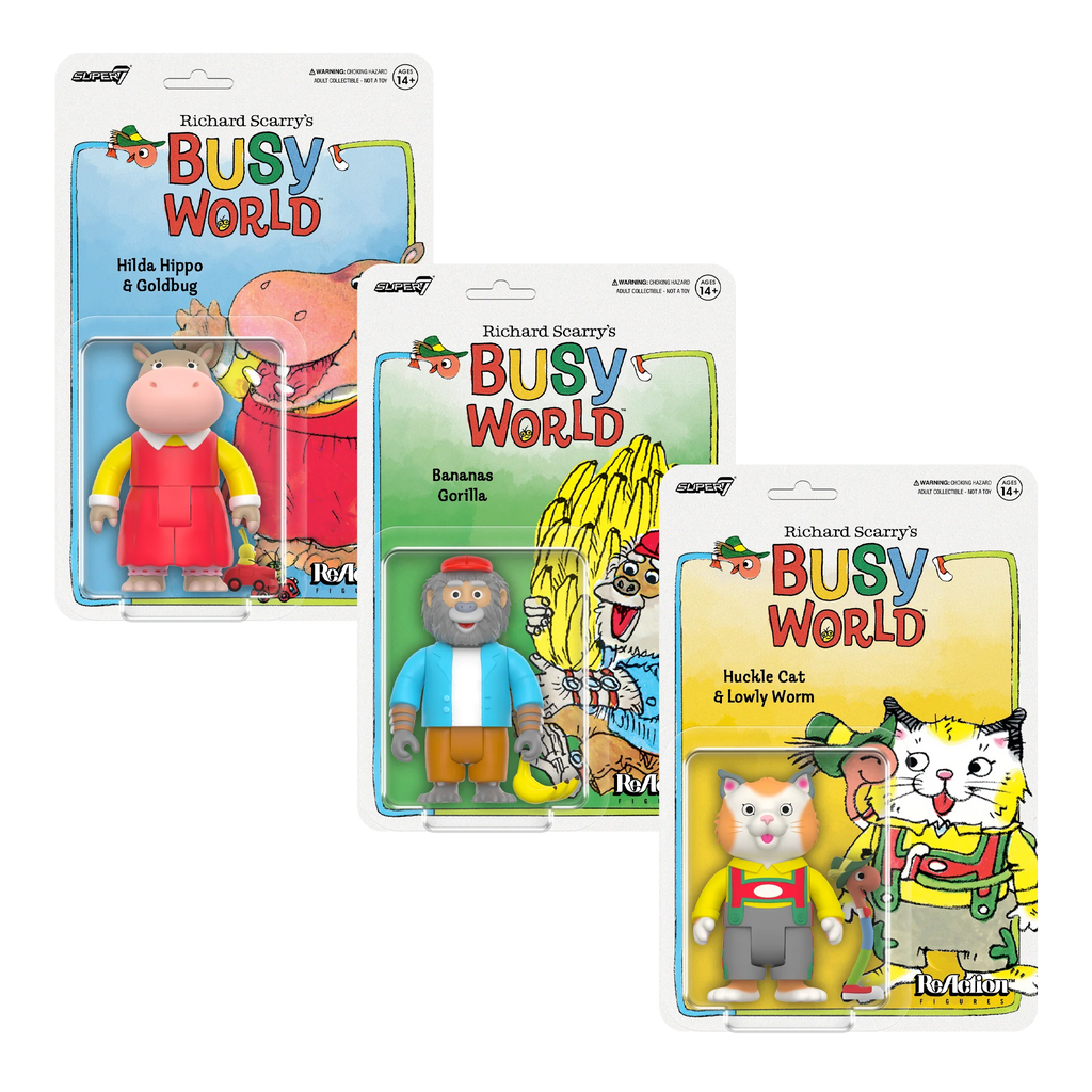 Richard Scarry's BUSY WORLD - Huckle Cat, Bananas Gorilla, and Hilda Hippo Set of 3-pieces Reaction Figures by Super 7