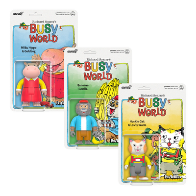 Richard Scarry's BUSY WORLD - Huckle Cat, Bananas Gorilla, and Hilda Hippo Set of 3-pieces Reaction Figures by Super 7