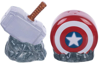 Marvel Capitán América Shield & Thor Mjolnir Juego de sal y pimienta de cerámica esculpida