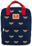 LOUNGEFLY - Mochila de hombro con doble correa de lona bordada con símbolo de icono de WW de DC Comics 