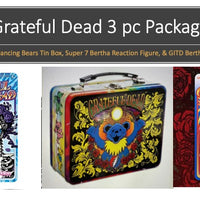 Grateful Dead - 3 pc-package Dancing Bears Tin Tote Lunchbox, Bertha Reaction Figure and Bertha GITD Reaction Figure