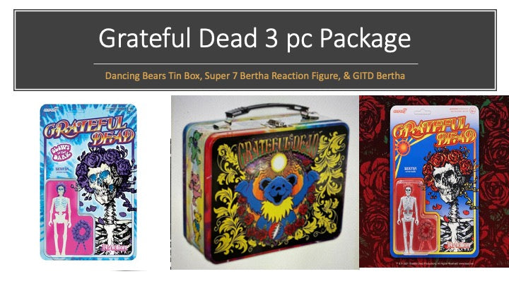 Grateful Dead - 3 pc-package Dancing Bears Tin Tote Lunchbox, Bertha Reaction Figure and Bertha GITD Reaction Figure